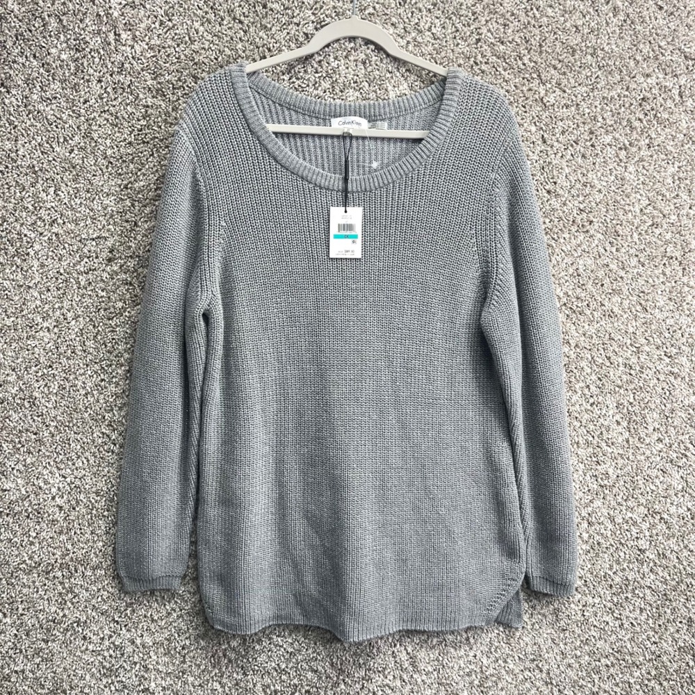 Calvin Klein Sweater Women's 0X Silver Gray Long‎ Sleeve Scoop Pullover Knit NWT